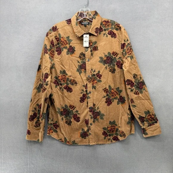 Express Button Down Shirt Womens Corduroy Floral Rose Tan Burgundy Green Medium - Picture 1 of 12